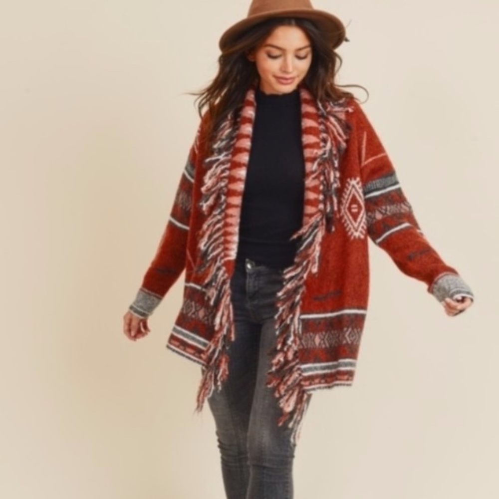 Cozy Cinnamon Red Tribal Print Fringe Open Front Cardigan - Picture 9 of 10